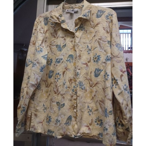 Dana Gibson Women's Linen Button-Up Shirt Medium Yellow Floral - Picture 1 of 3